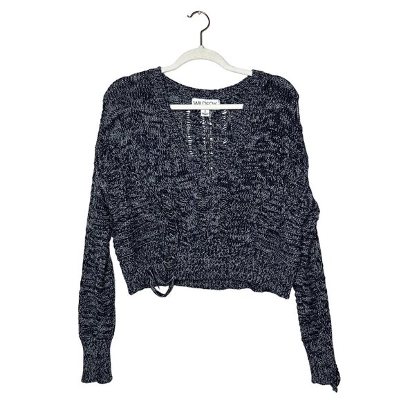 Wildfox Nancy Oxford Distressed Sweater Size Small Rib-Knit V Neck Navy Blue - Picture 2 of 8